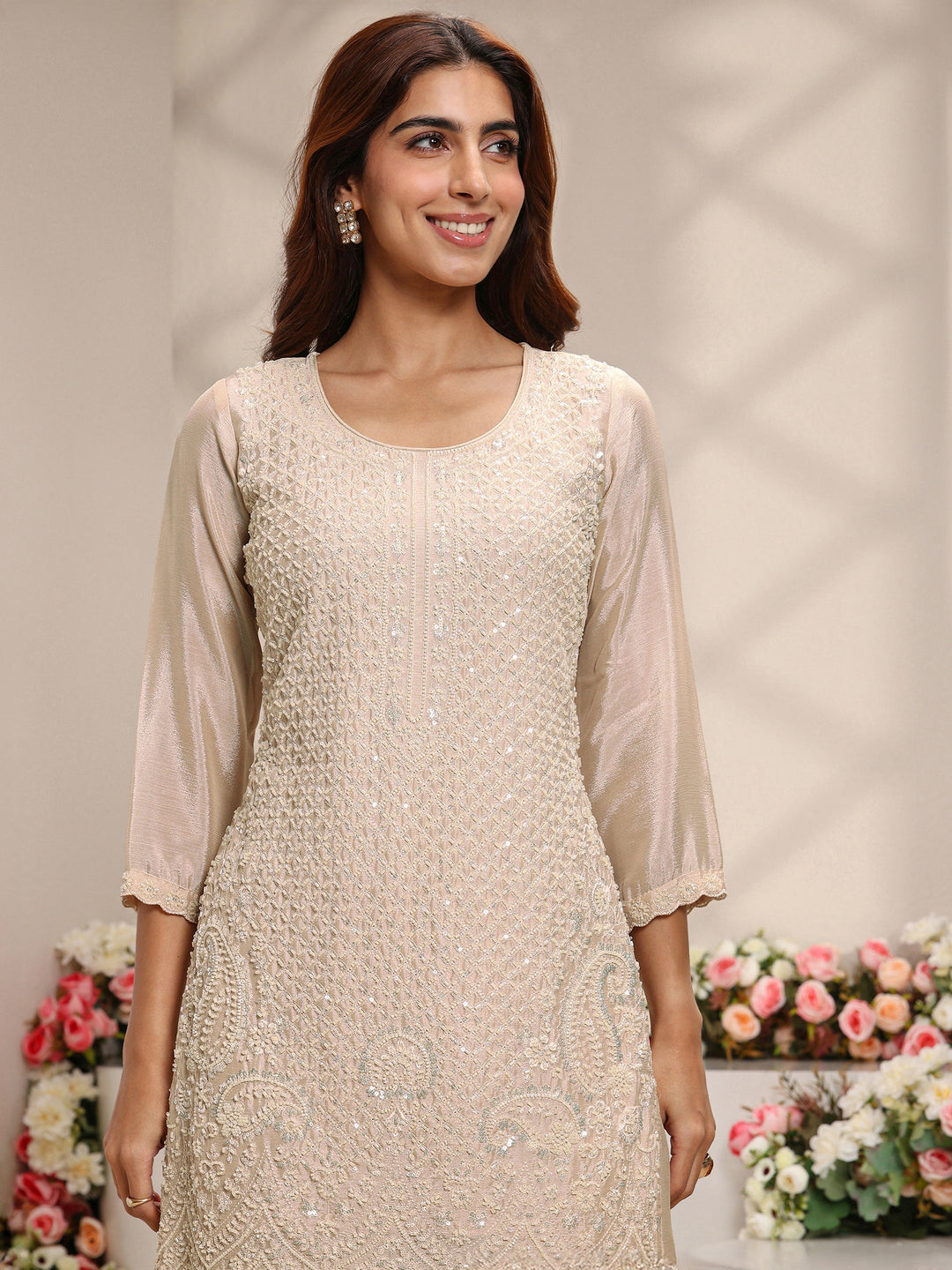  Beige Embellished Chinon Straight Suit Set With Dupatta 