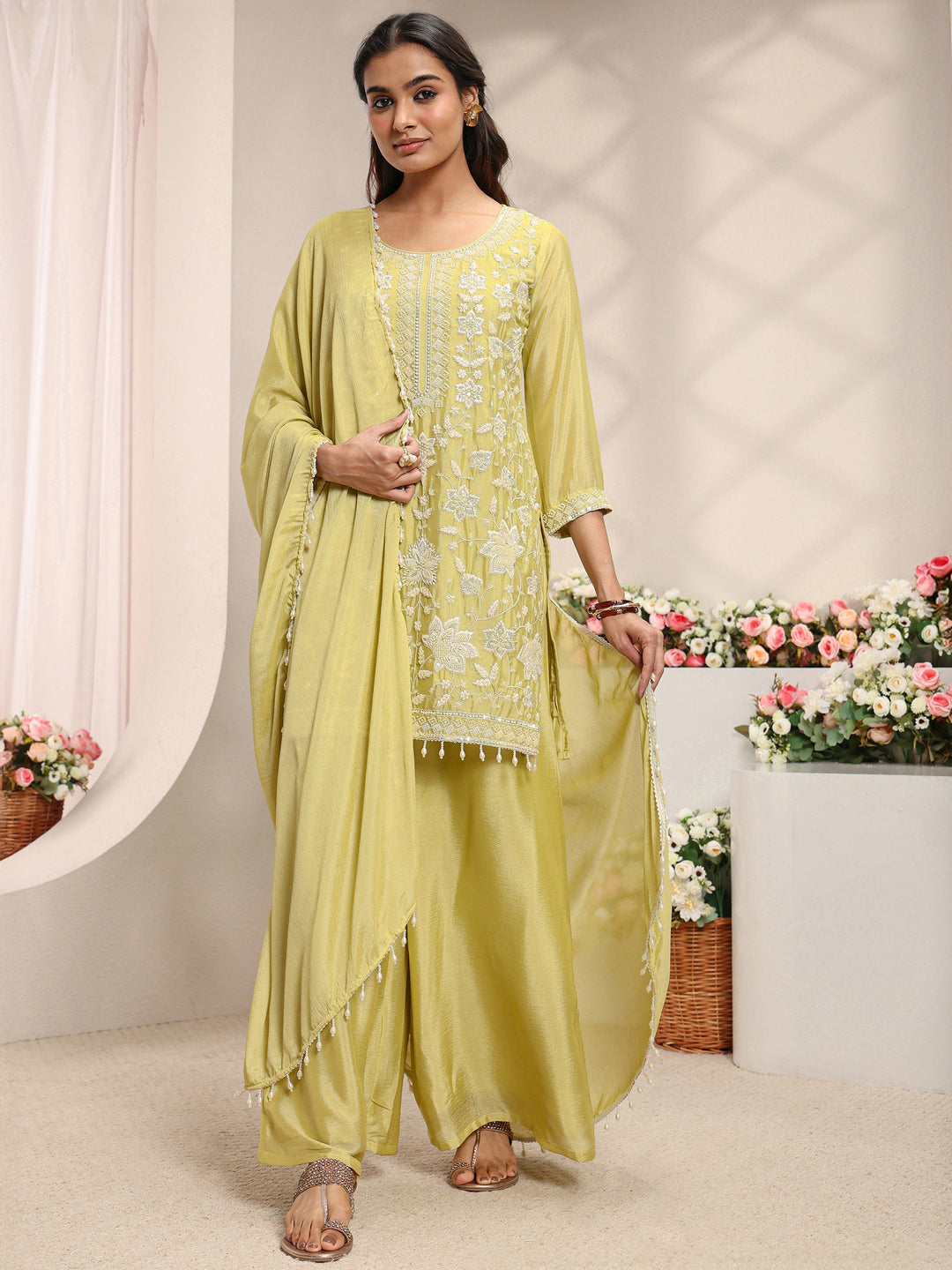 Yellow Floral Embellished Chinon Straight Suit Set With Dupatta 