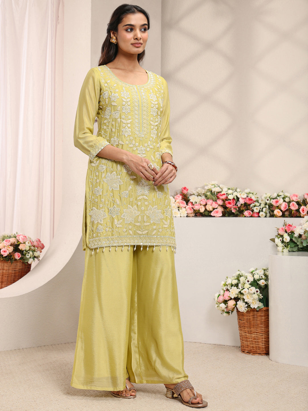 Yellow Floral Embellished Chinon Straight Suit Set With Dupatta 