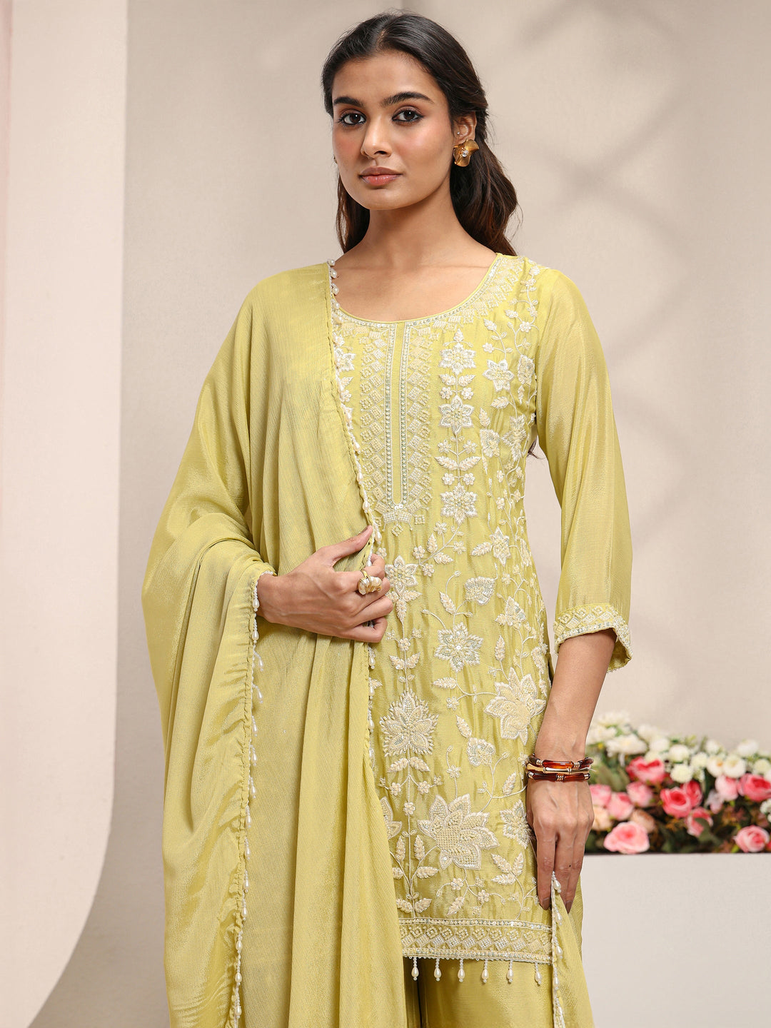  Yellow Floral Embellished Chinon Straight Suit Set With Dupatta 