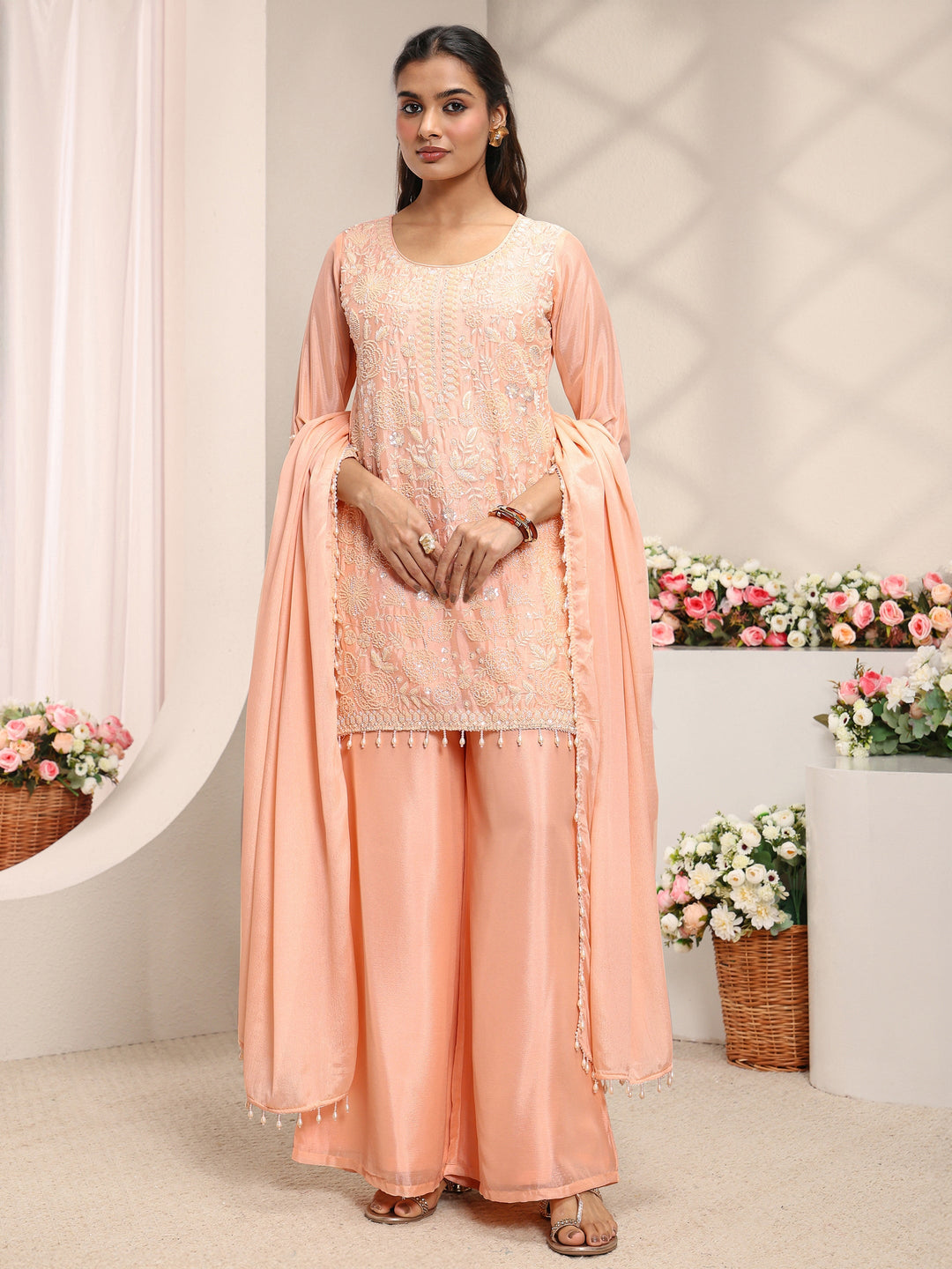  Peach Floral Embellished Chinon Straight Suit Set With Dupatta 