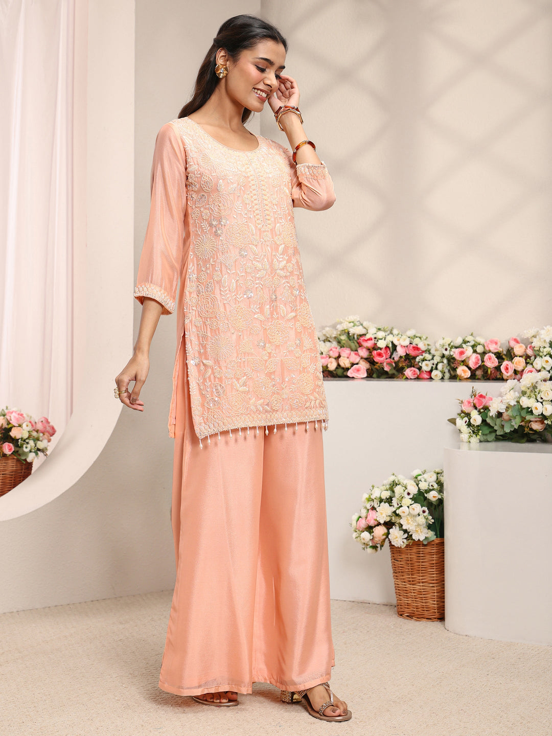  Peach Floral Embellished Chinon Straight Suit Set With Dupatta 