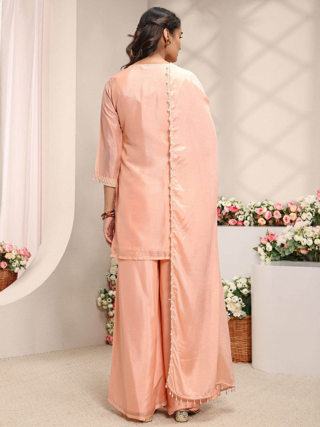  Peach Floral Embellished Chinon Straight Suit Set With Dupatta 