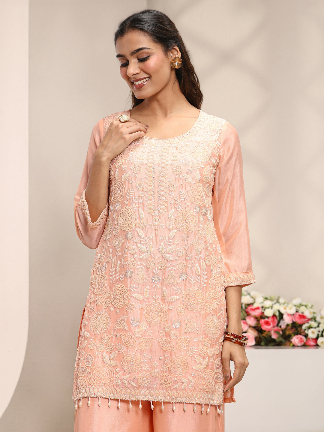  Peach Floral Embellished Chinon Straight Suit Set With Dupatta 