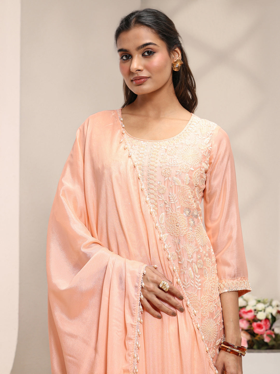  Peach Floral Embellished Chinon Straight Suit Set With Dupatta 