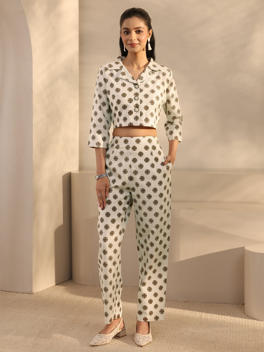  Off White Geometric Printed Cotton Blend Co-Ord Set 