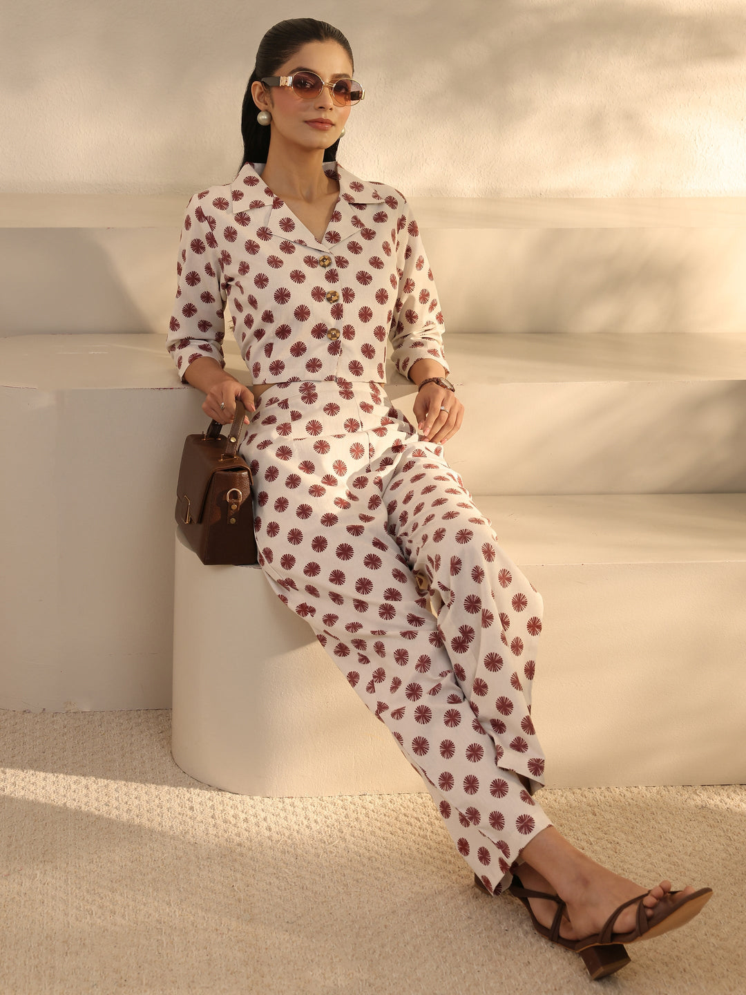  Off White Geometric Printed Cotton Blend Co-Ord Set 