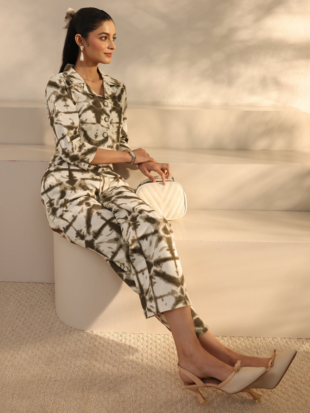  Off White Abstract Printed Cotton Blend Co-Ord Set 