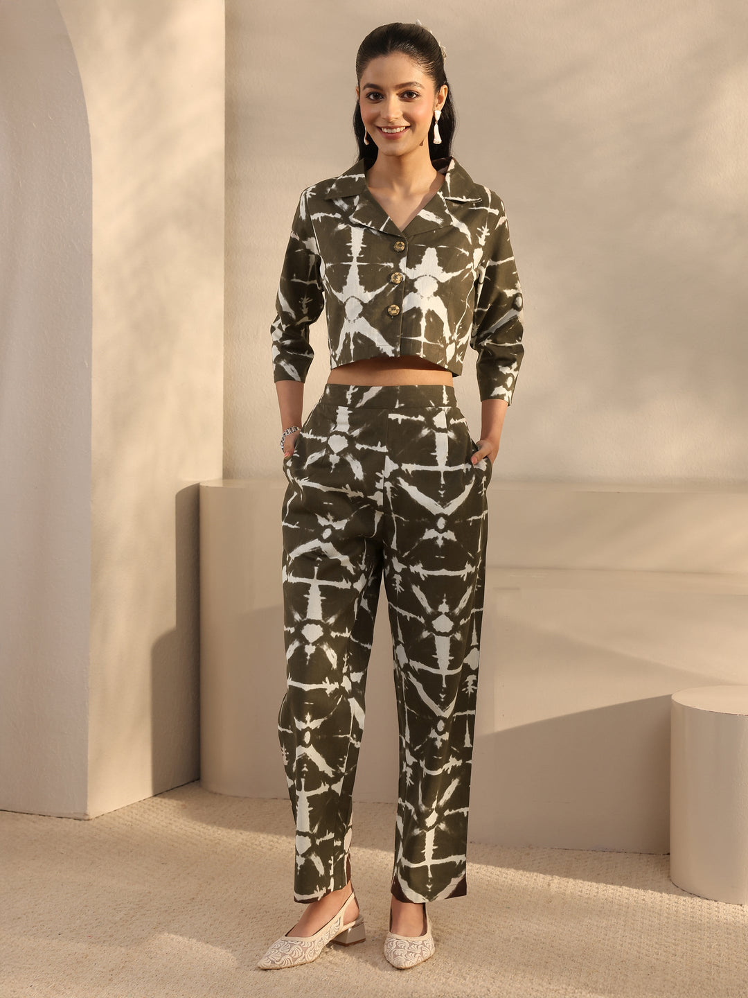  Brown Abstract Printed Cotton Blend Co-Ord Set 