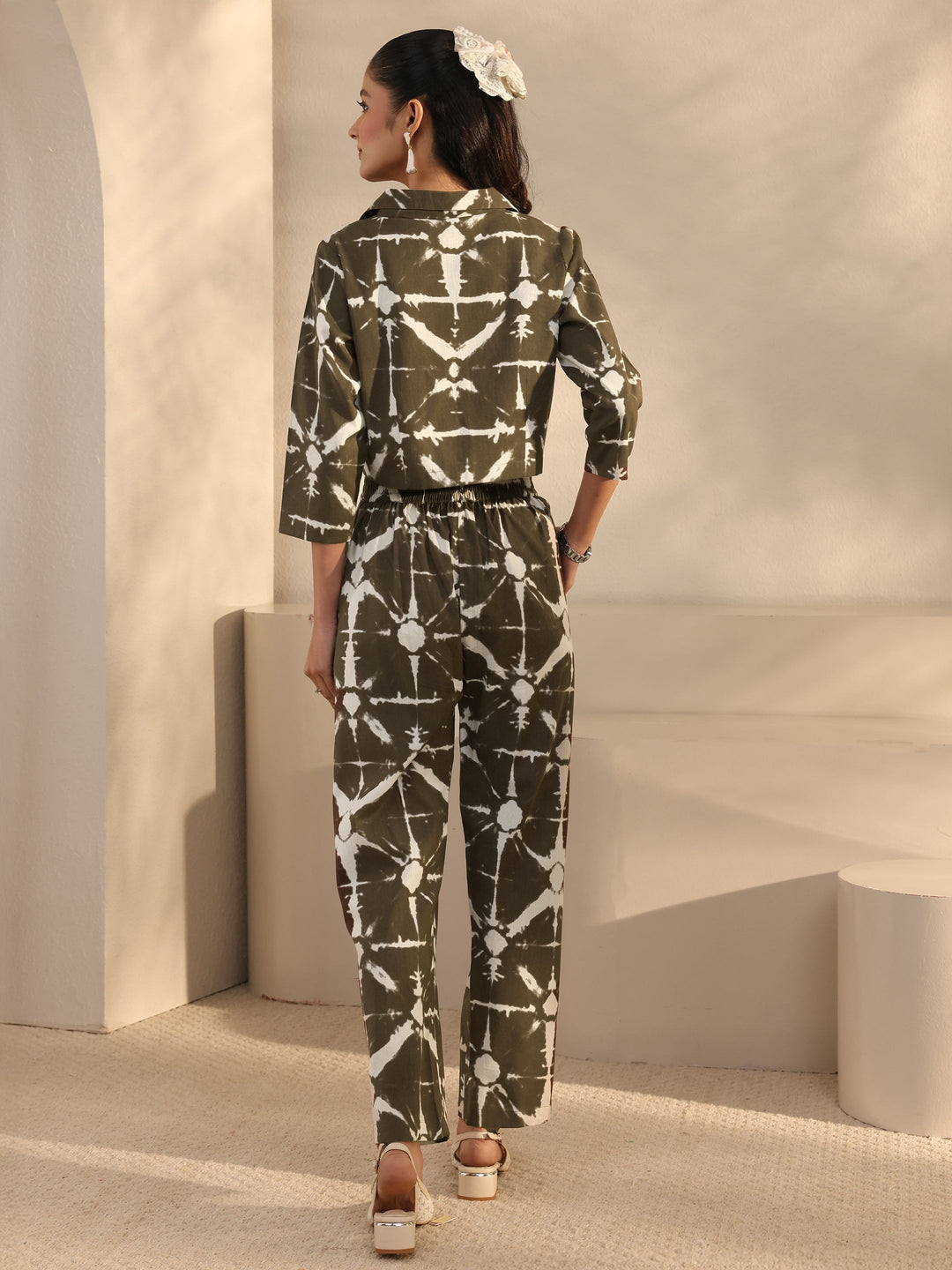  Brown Abstract Printed Cotton Blend Co-Ord Set 