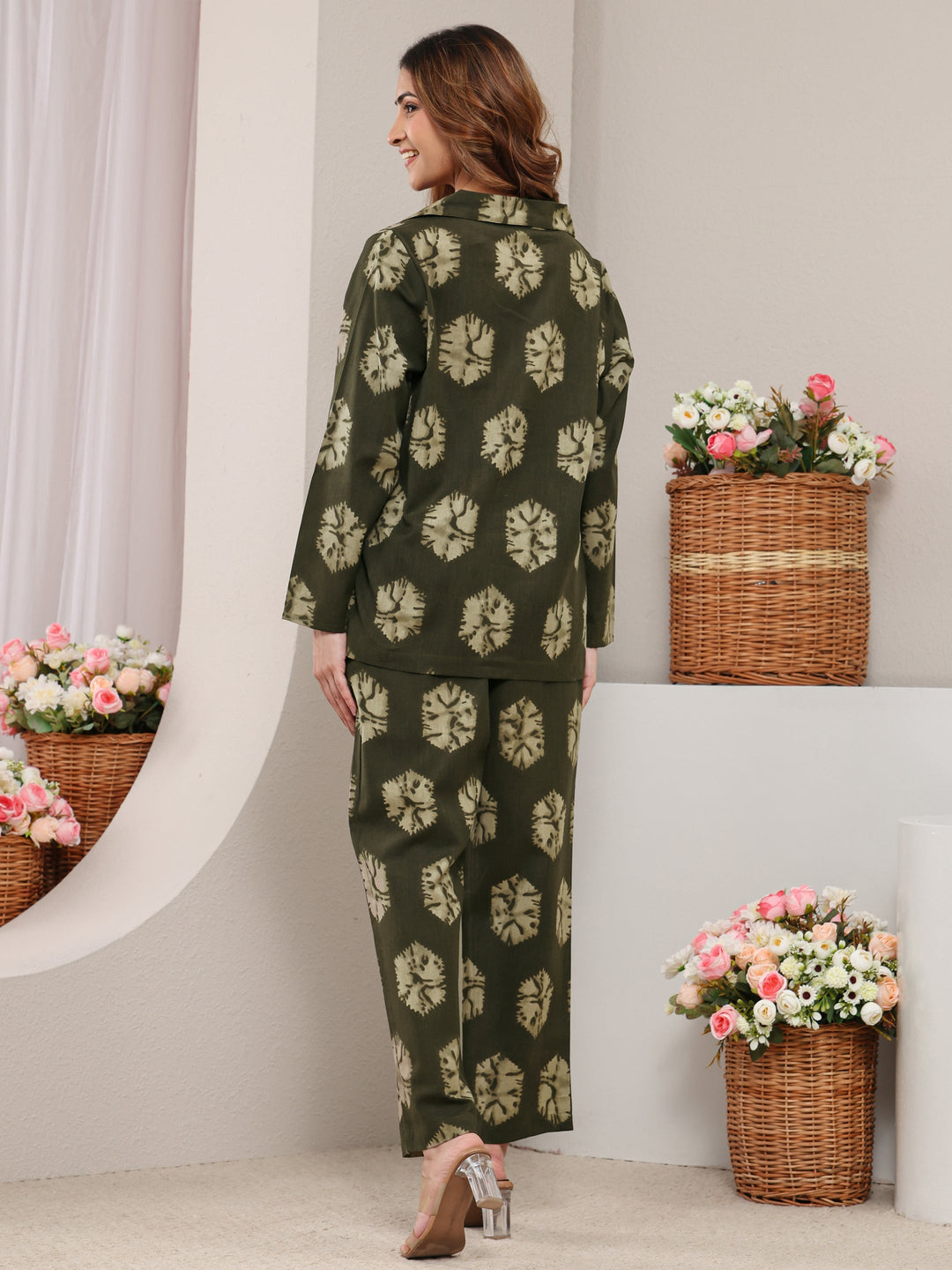  Green Abstract Printed Cotton Blend Co-Ord Set 