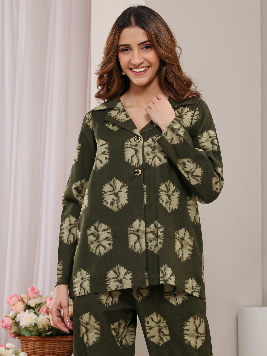  Green Abstract Printed Cotton Blend Co-Ord Set 