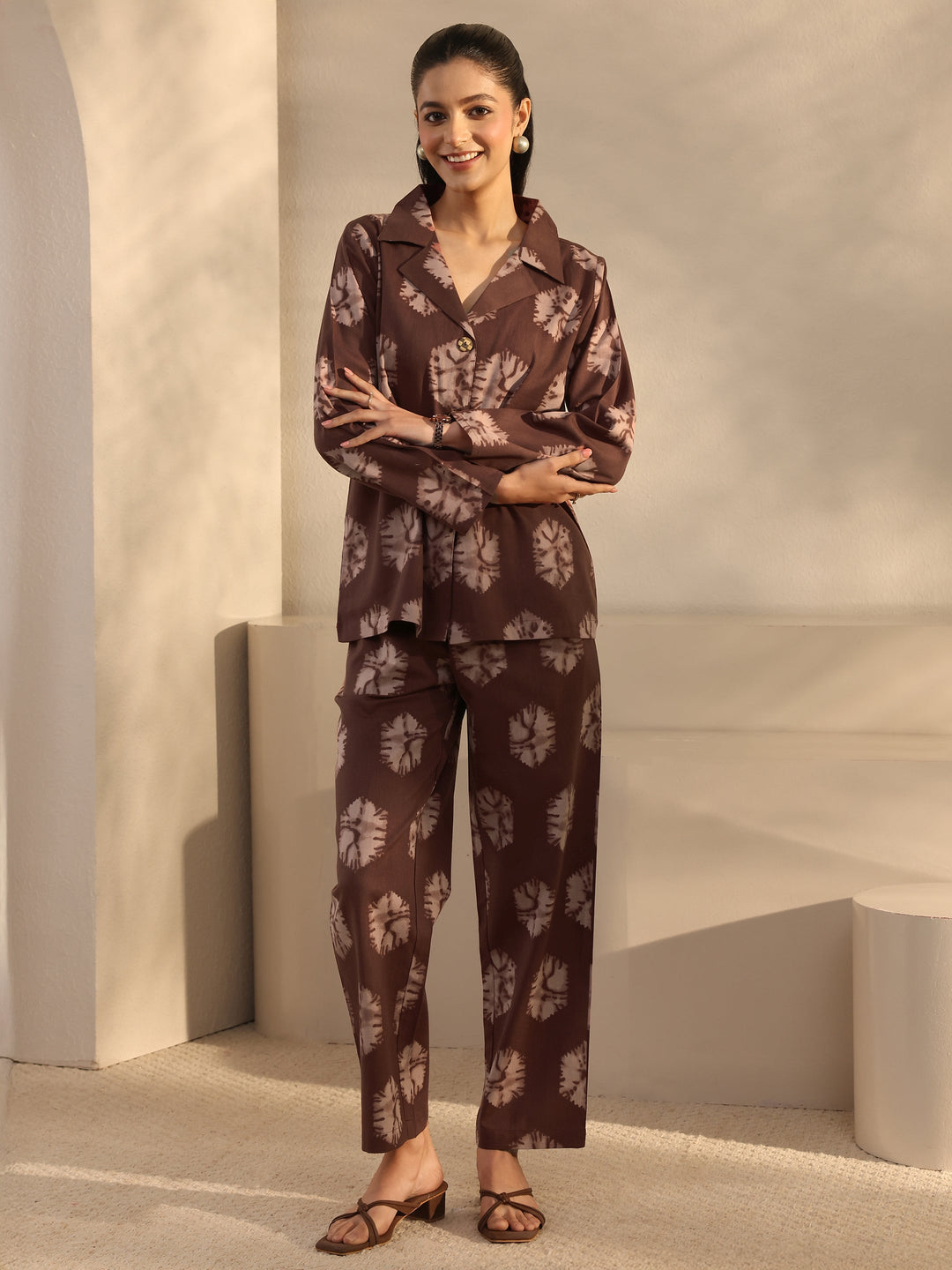  Brown Abstract Printed Cotton Blend Co-Ord Set 