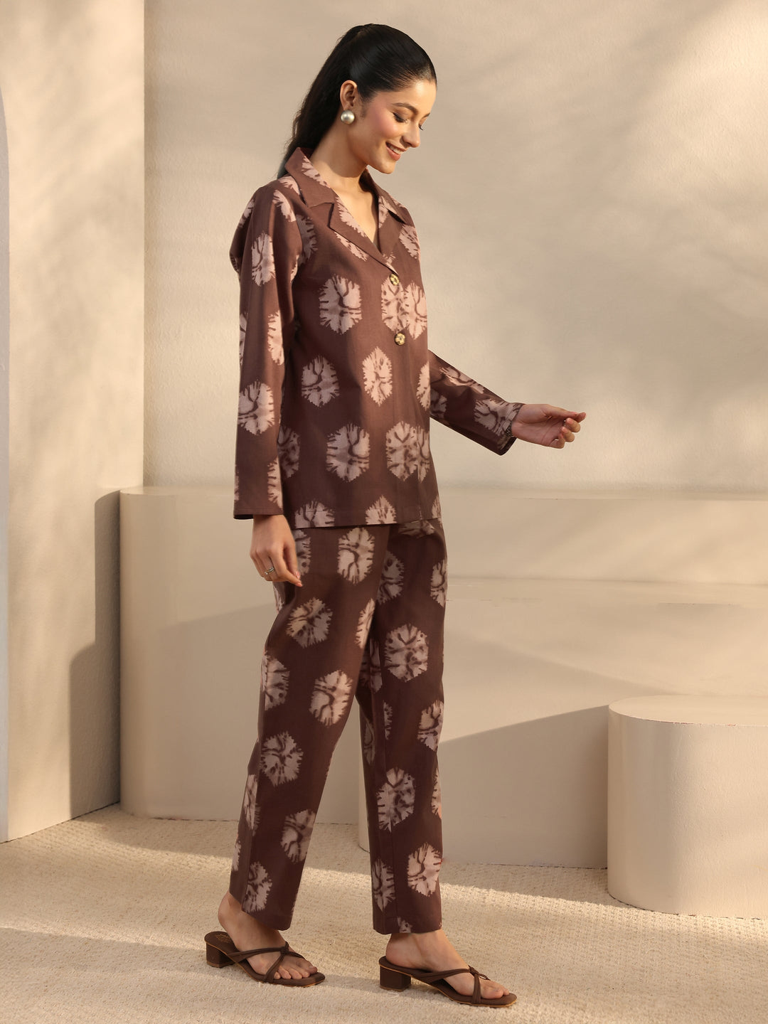  Brown Abstract Printed Cotton Blend Co-Ord Set 