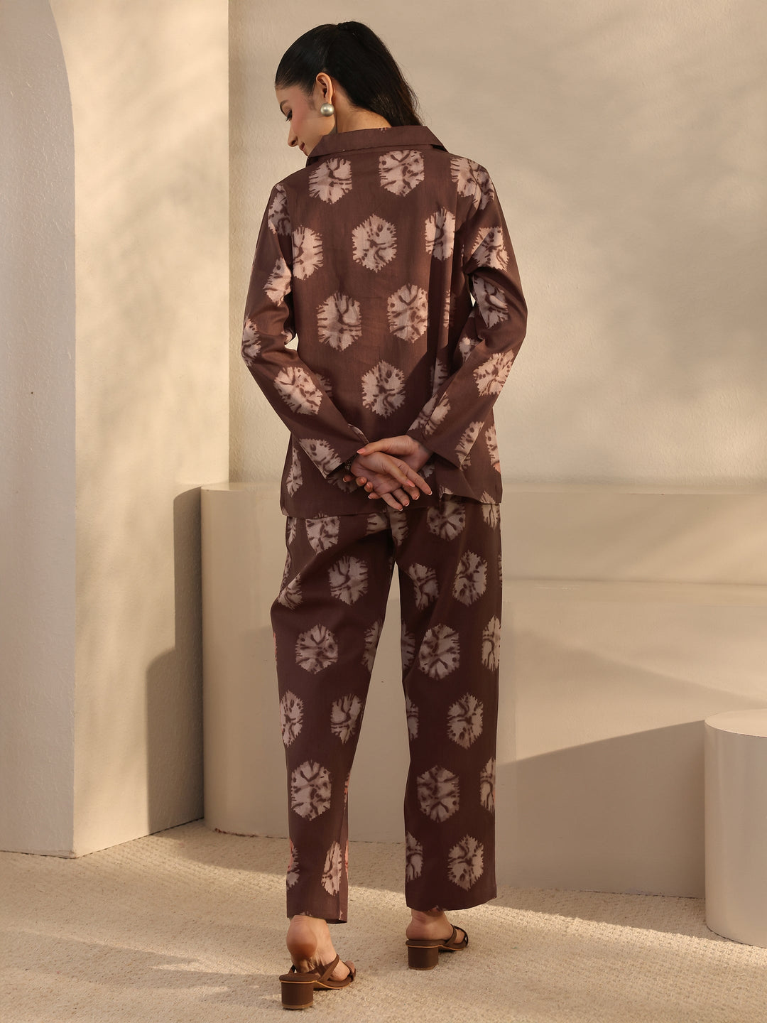  Brown Abstract Printed Cotton Blend Co-Ord Set 