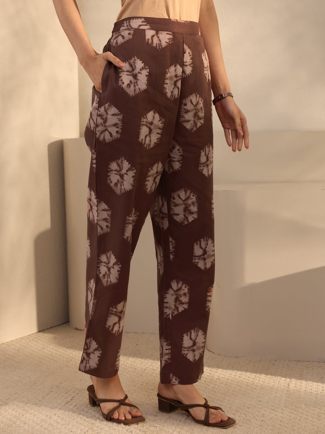 Brown Abstract Printed Cotton Blend Co-Ord Set 