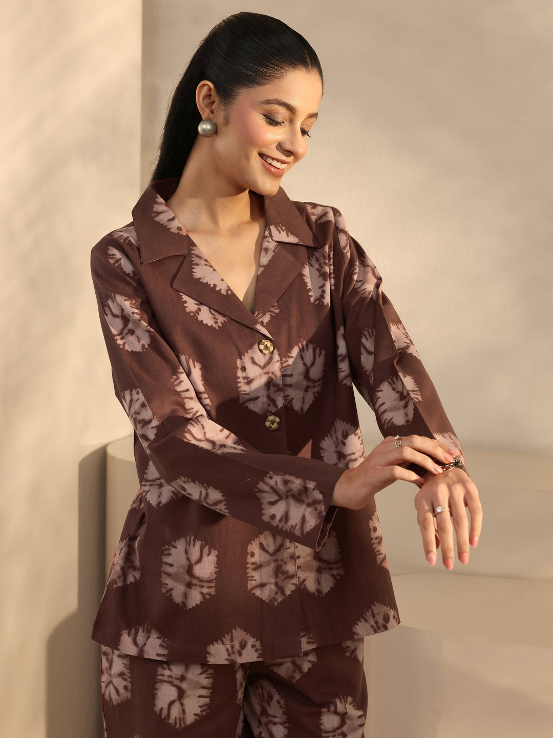  Brown Abstract Printed Cotton Blend Co-Ord Set 