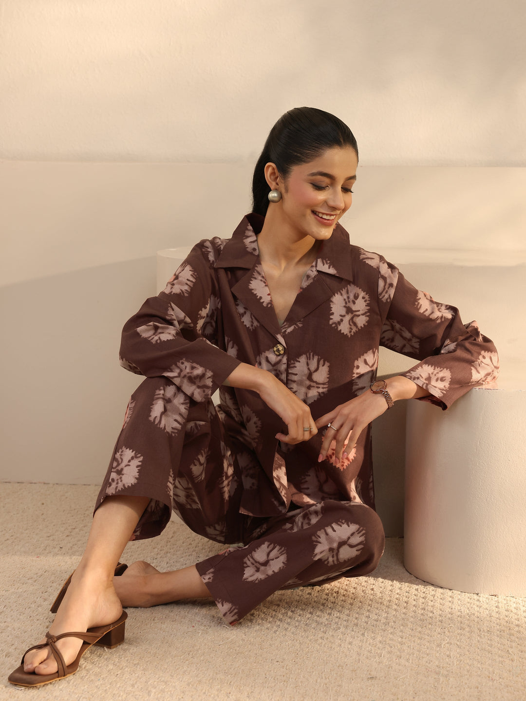  Brown Abstract Printed Cotton Blend Co-Ord Set 