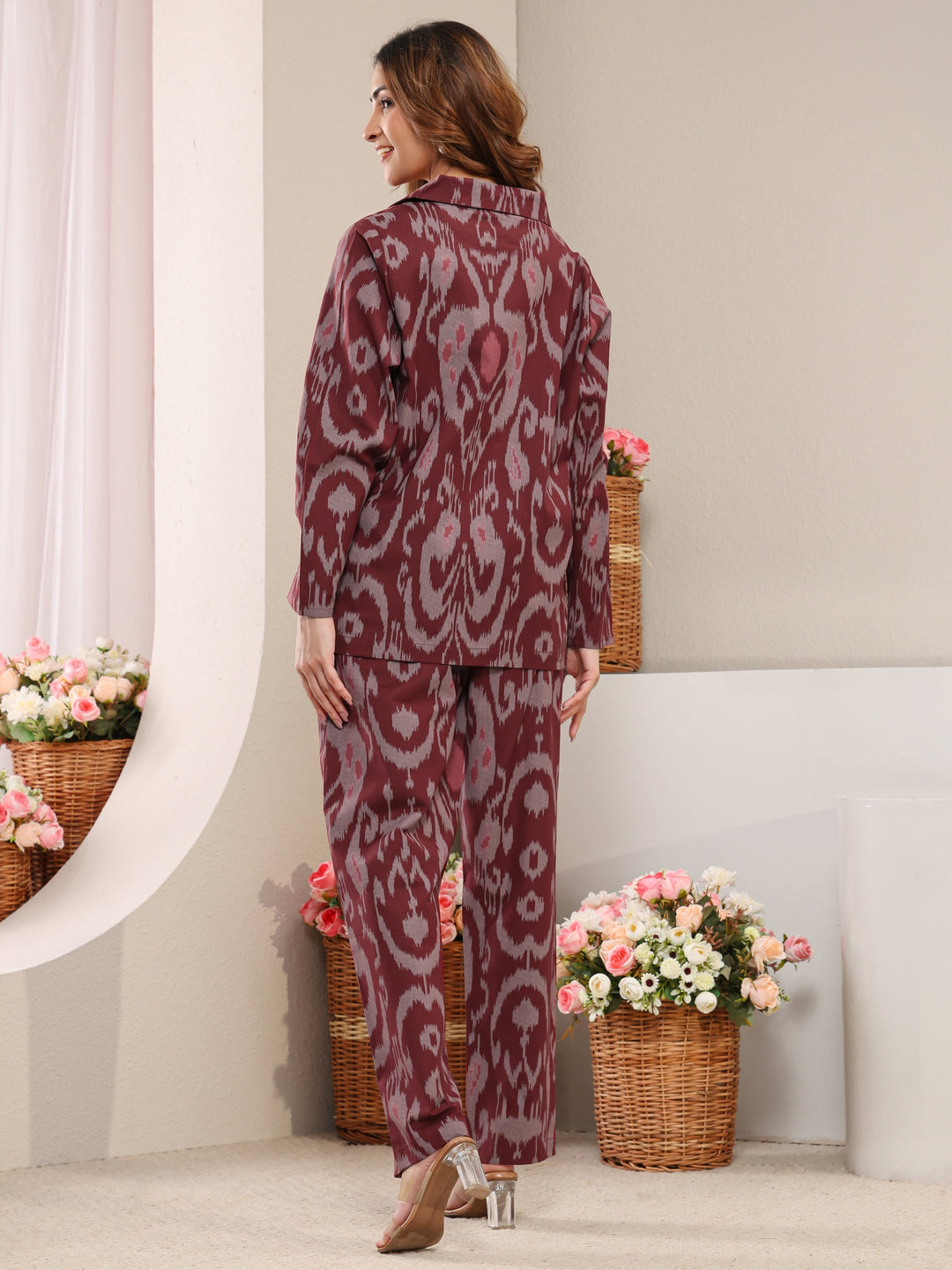  Maroon Abstract Printed Cotton Blend Co-Ord Set 