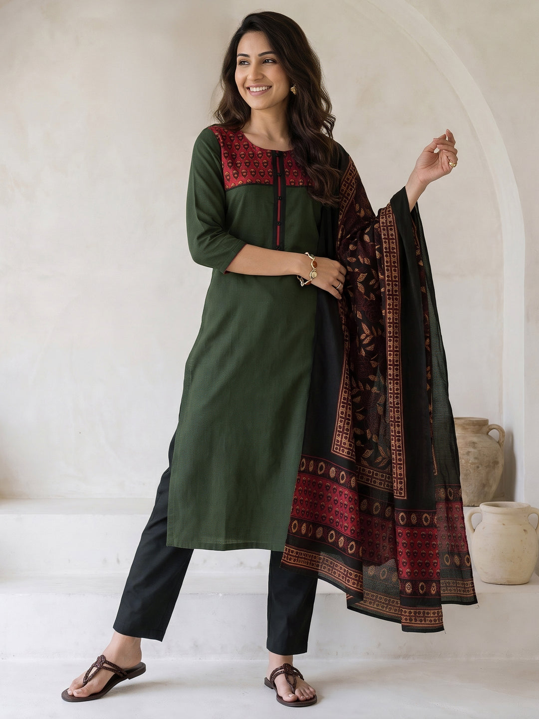  Libas Green Printed Cotton Blend Straight Suit Set 