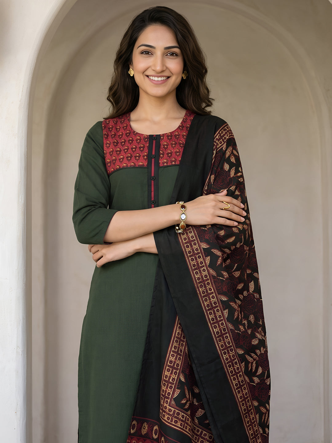  Libas Green Printed Cotton Blend Straight Suit Set 