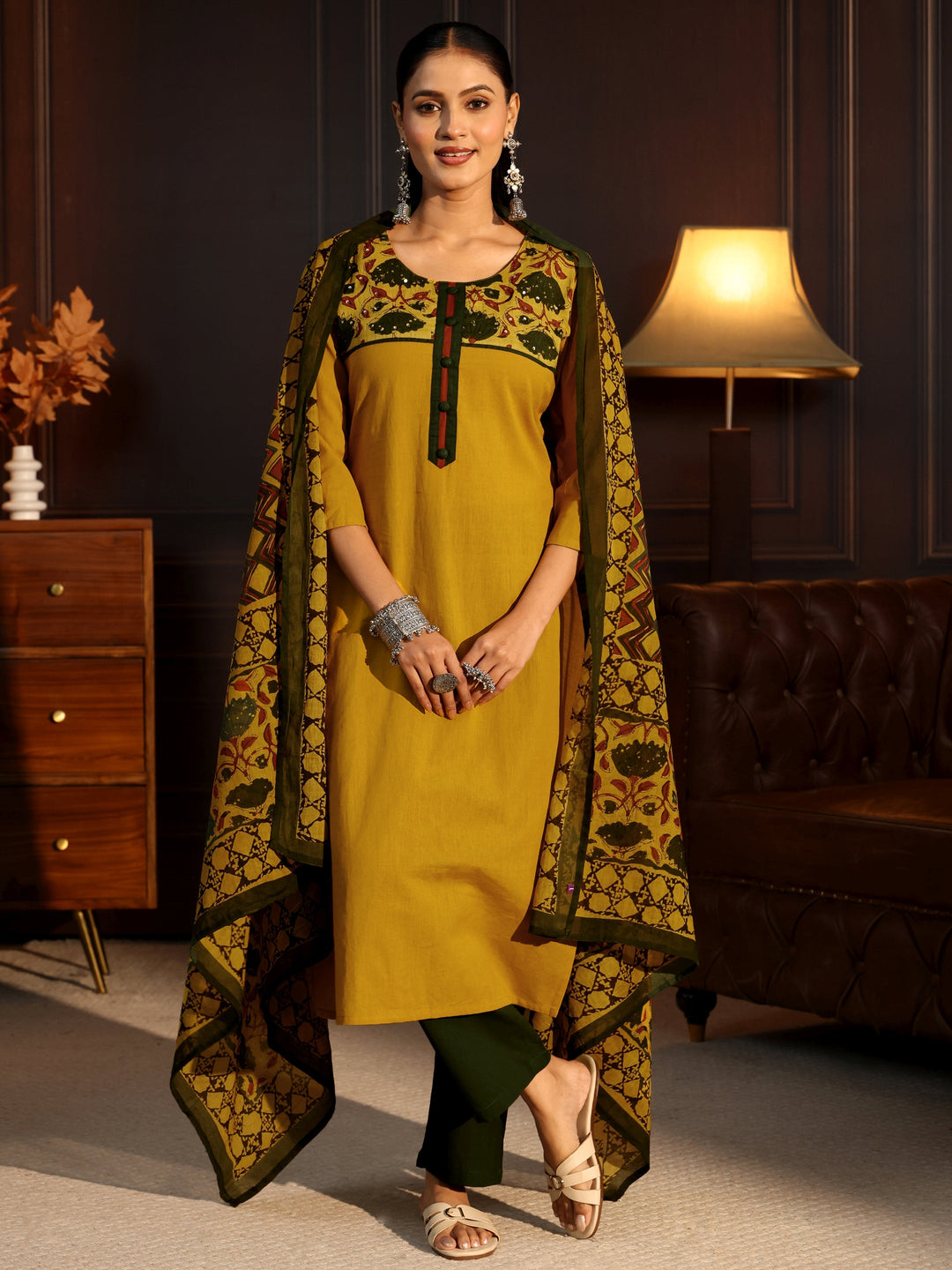  Libas Mustard Printed Cotton Blend Straight Suit Set 