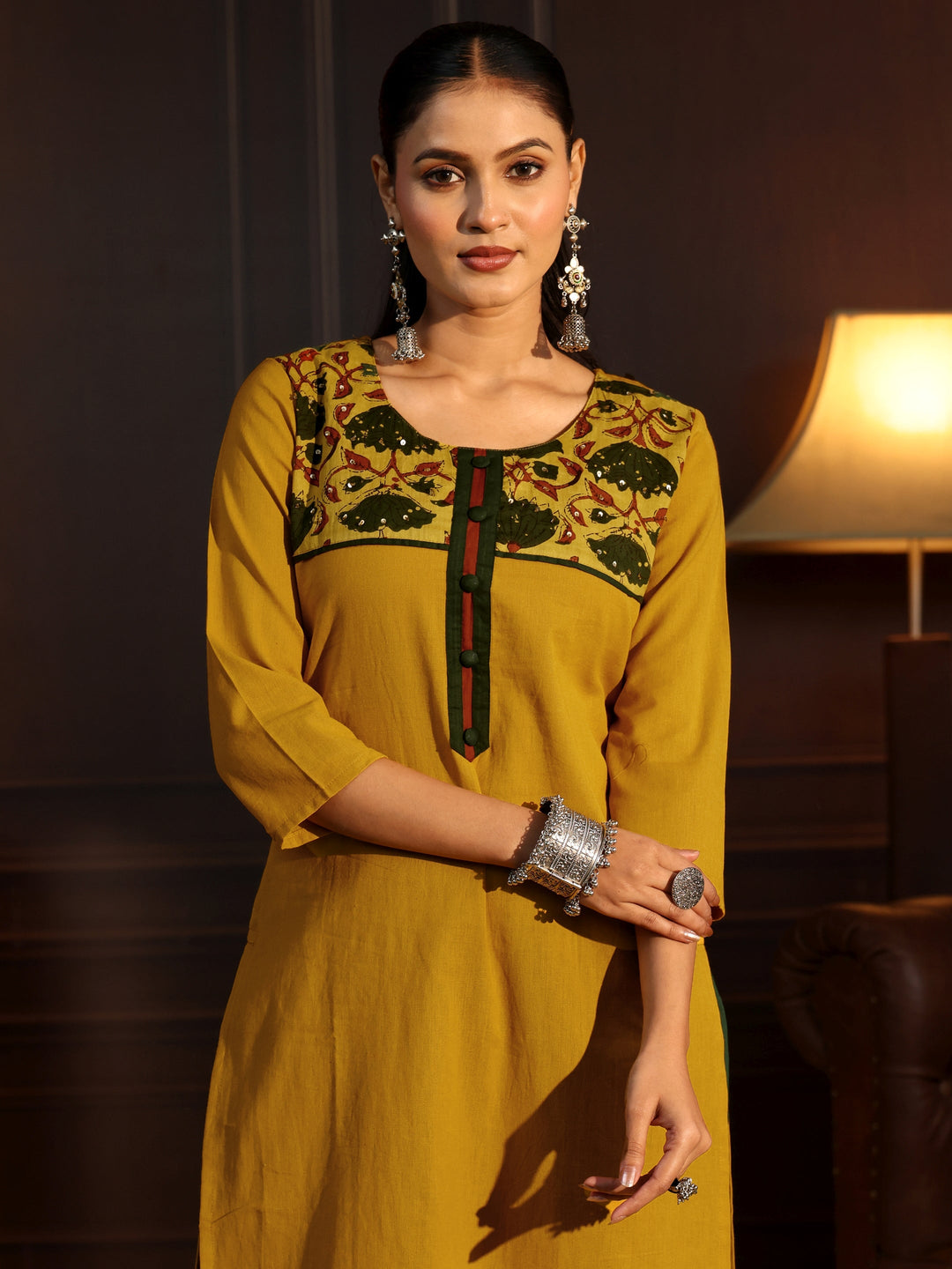  Libas Mustard Printed Cotton Blend Straight Suit Set 