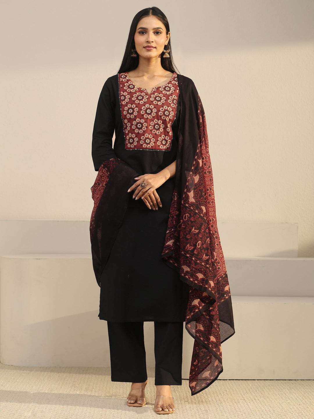  Libas Black Yoke Printed Cotton Straight Suit Set 