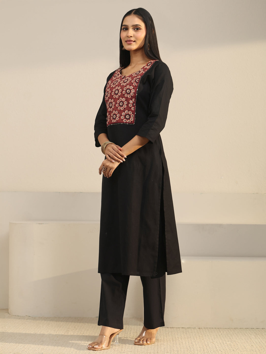  Libas Black Yoke Printed Cotton Straight Suit Set 