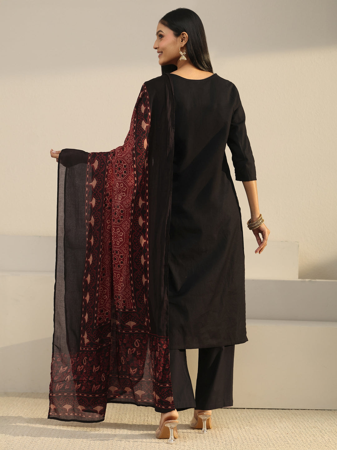  Libas Black Yoke Printed Cotton Straight Suit Set 