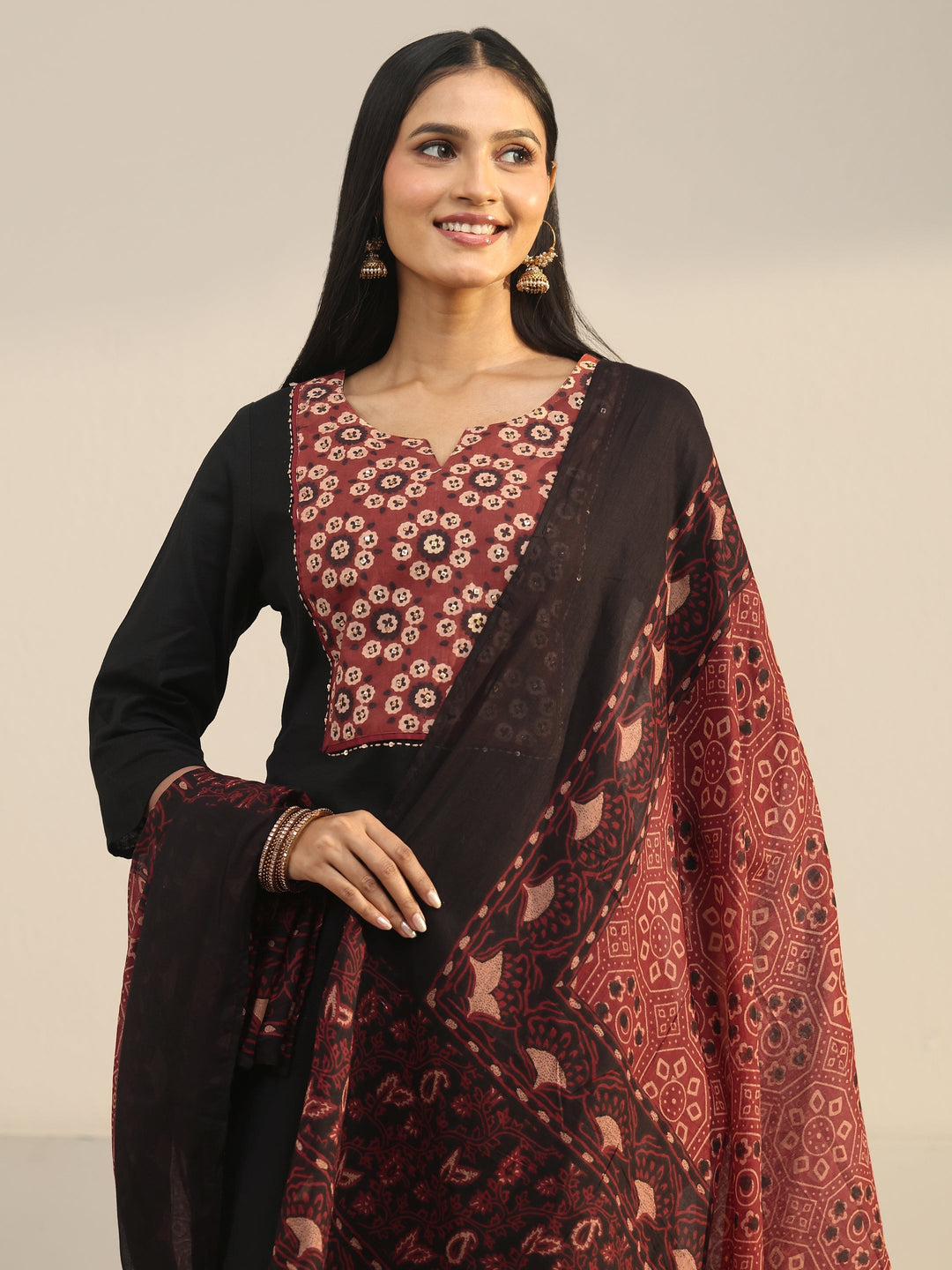  Libas Black Yoke Printed Cotton Straight Suit Set 