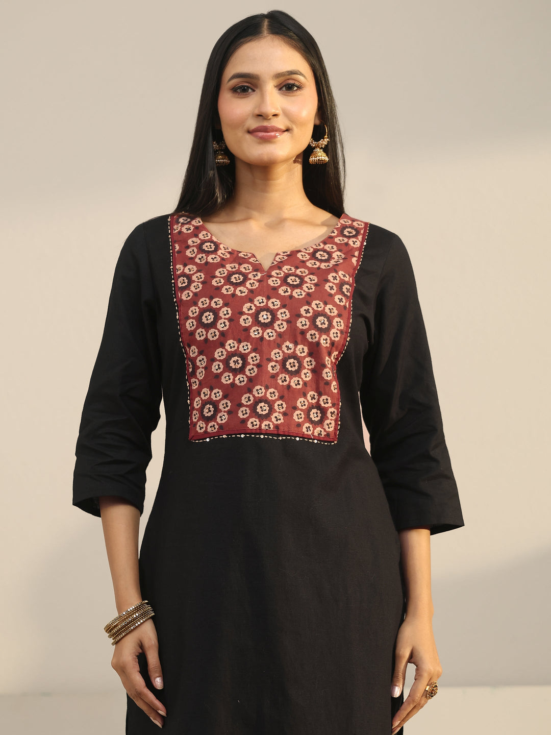  Libas Black Yoke Printed Cotton Straight Suit Set 