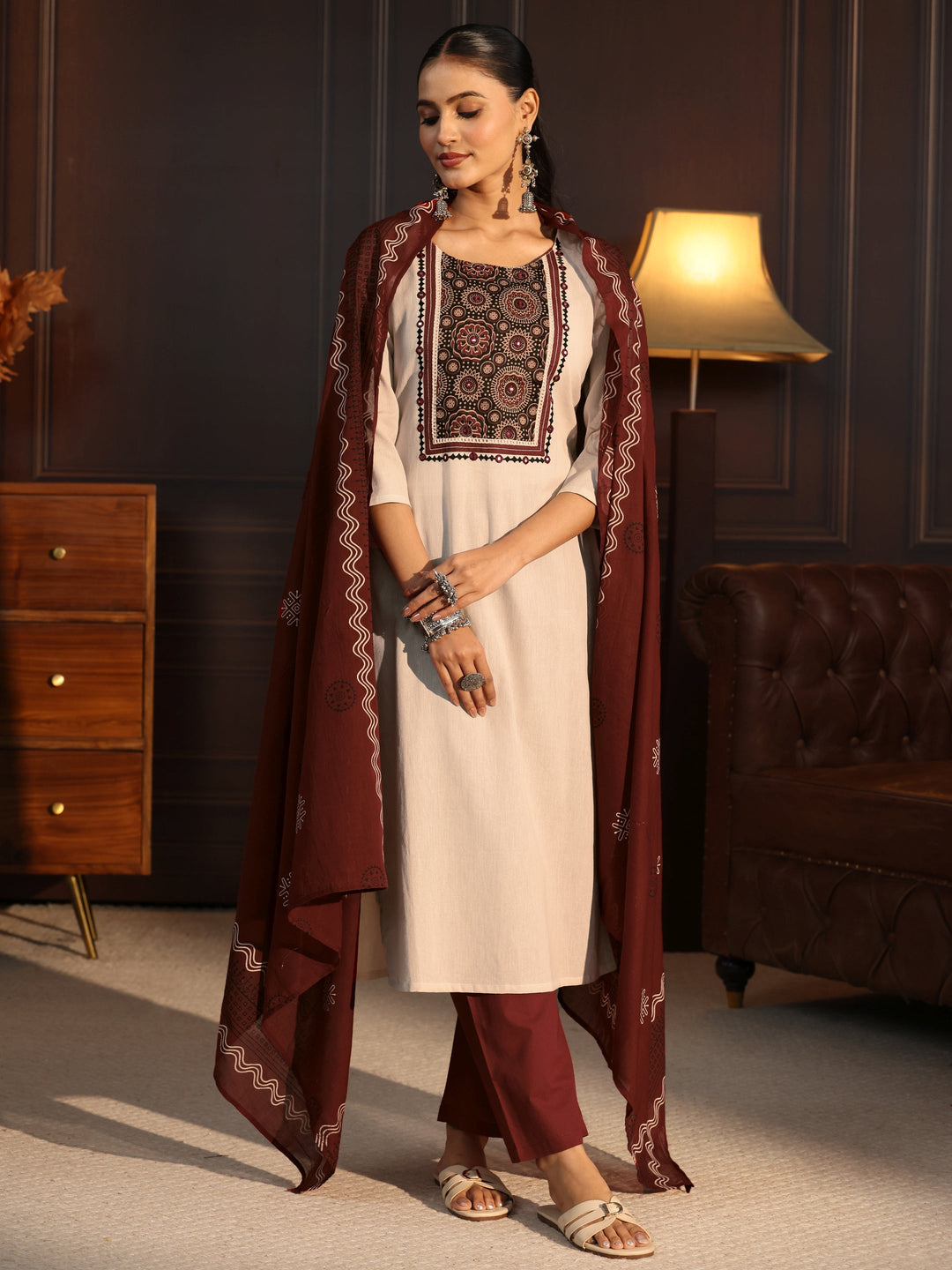  Libas Off White Printed Cotton Blend Straight Suit Set 
