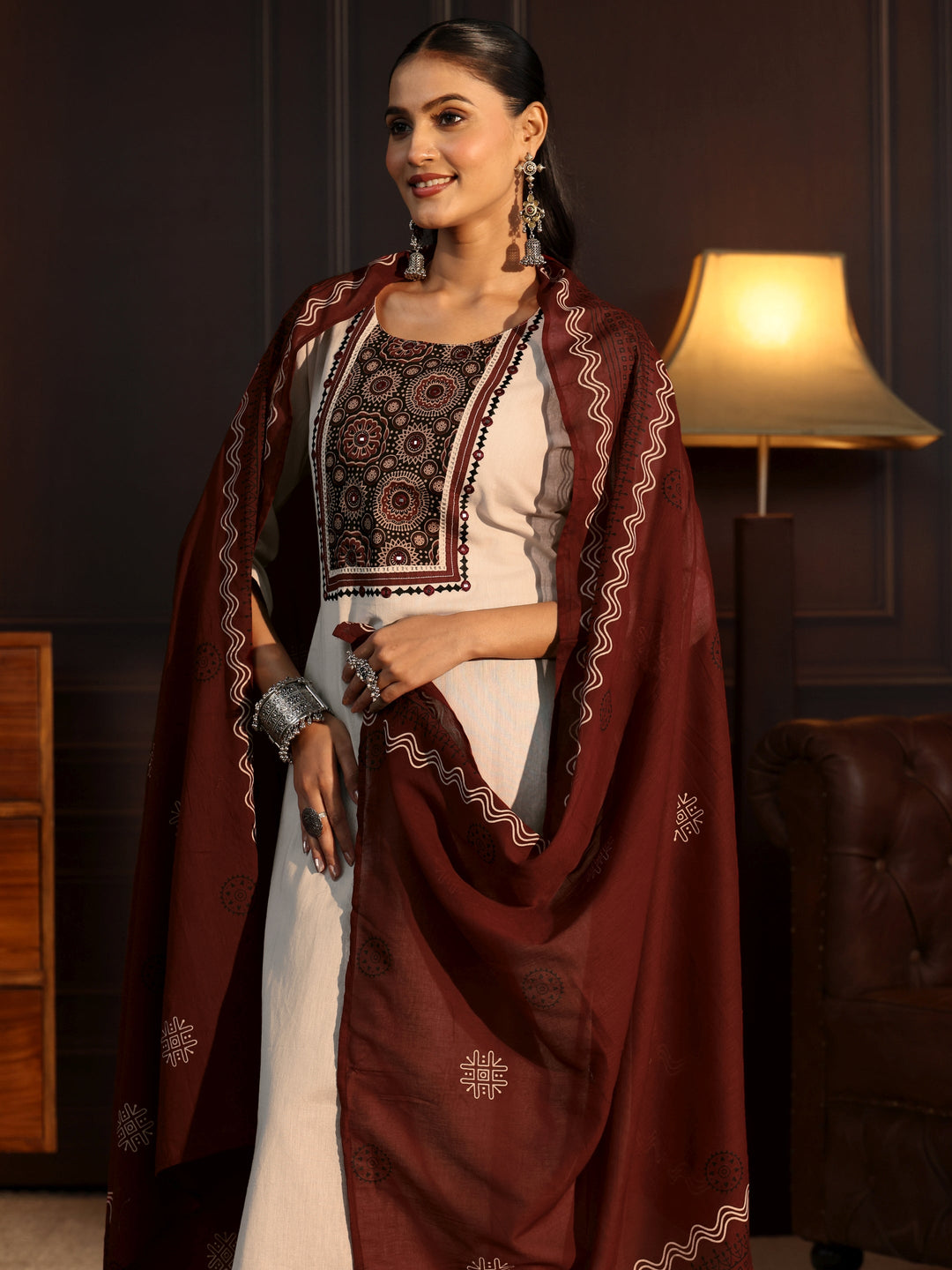  Libas Off White Printed Cotton Blend Straight Suit Set 