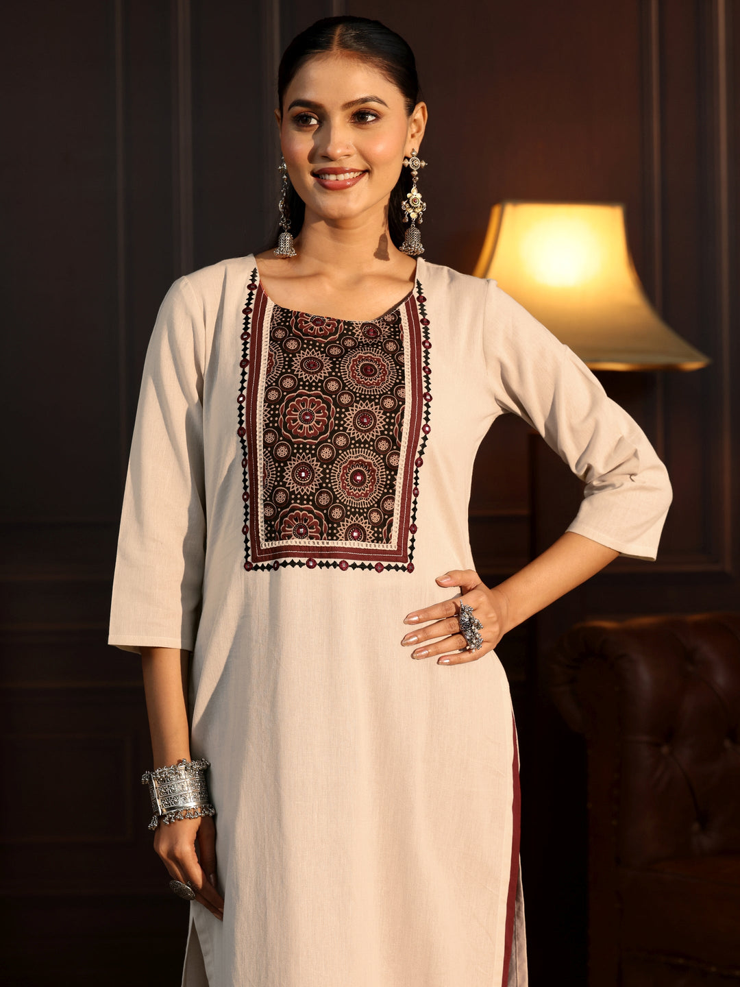  Libas Off White Printed Cotton Blend Straight Suit Set 