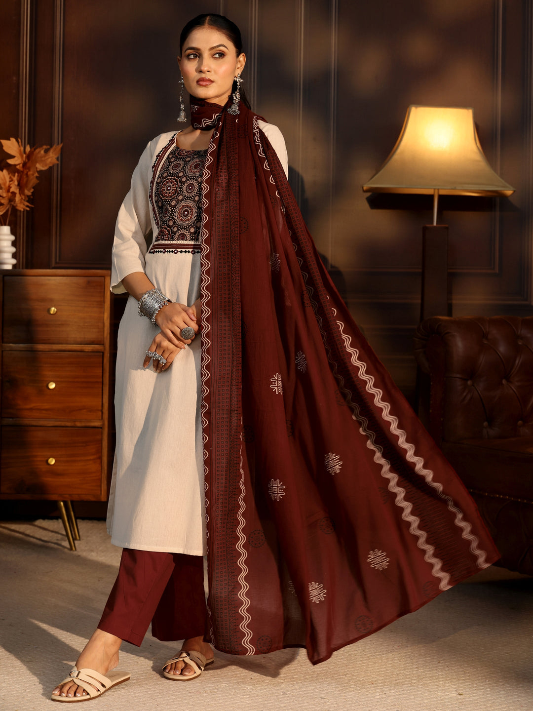 Libas Off White Printed Cotton Blend Straight Suit Set 