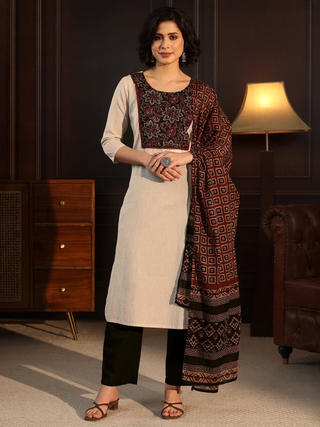  Libas Off White Floral Printed Cotton Blend Straight Suit Set 