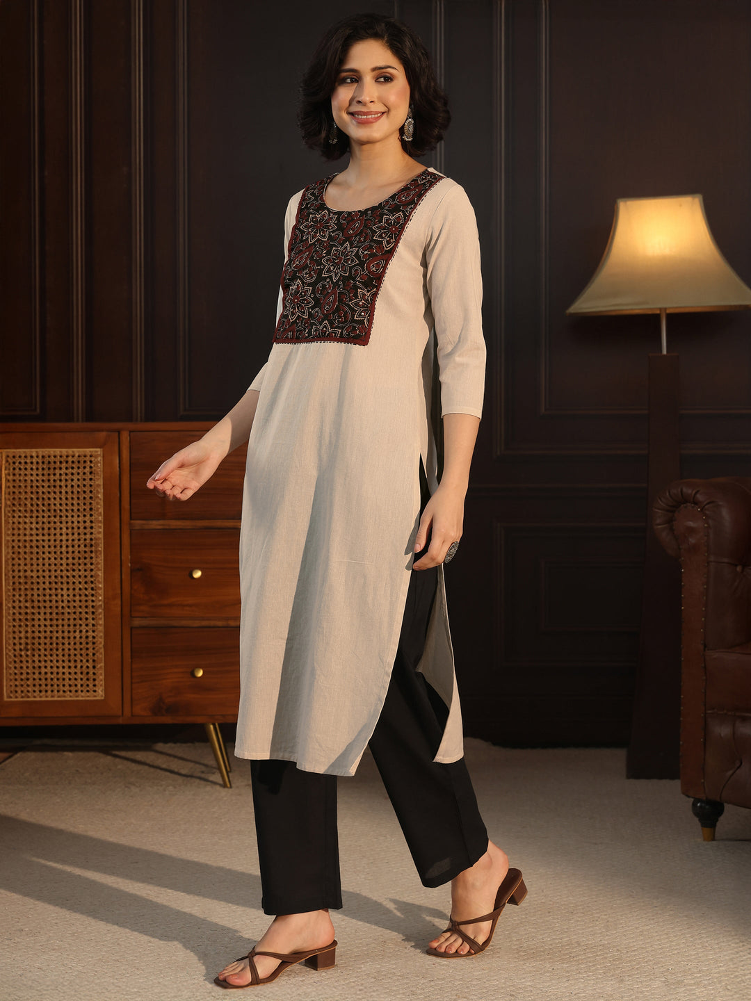  Libas Off White Floral Printed Cotton Blend Straight Suit Set 