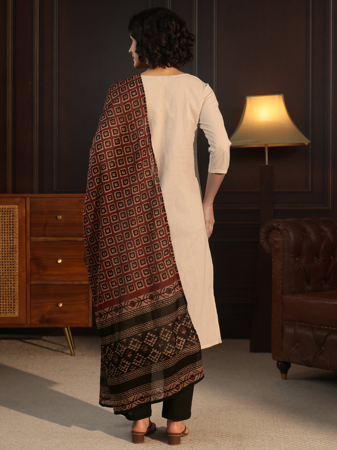  Libas Off White Floral Printed Cotton Blend Straight Suit Set 