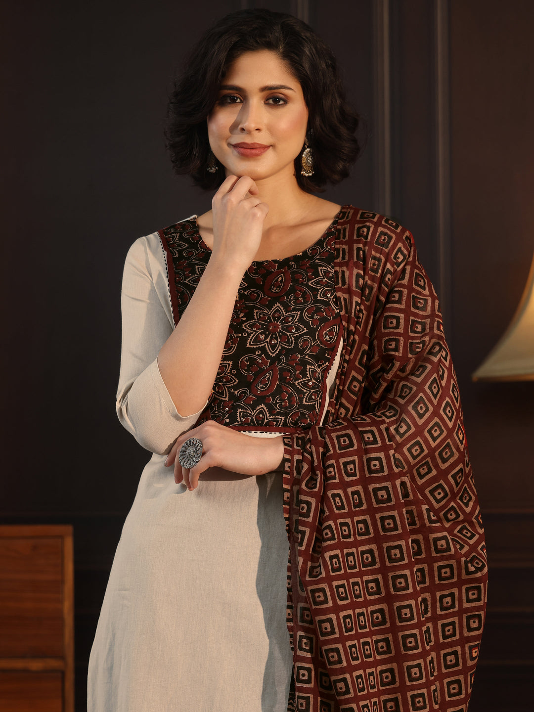  Libas Off White Floral Printed Cotton Blend Straight Suit Set 