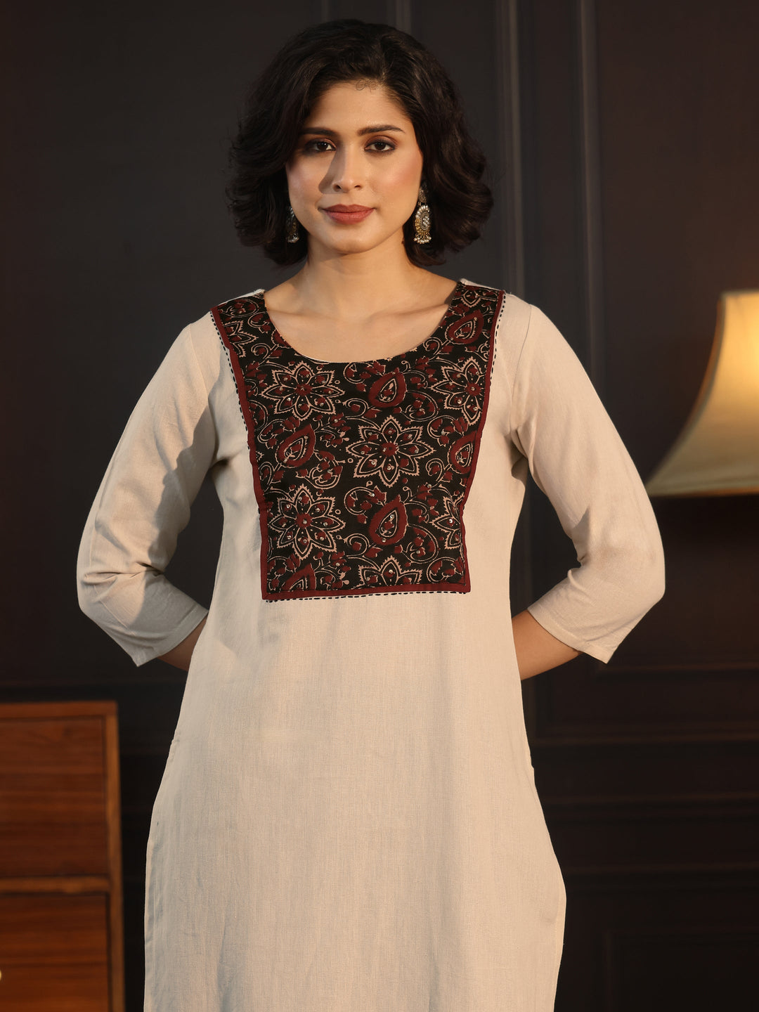  Libas Off White Floral Printed Cotton Blend Straight Suit Set 