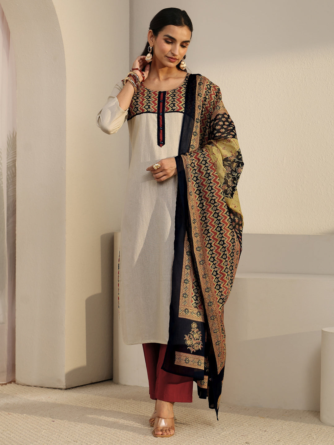  Libas Off White Chevron Cotton Blend Straight Suit Set 