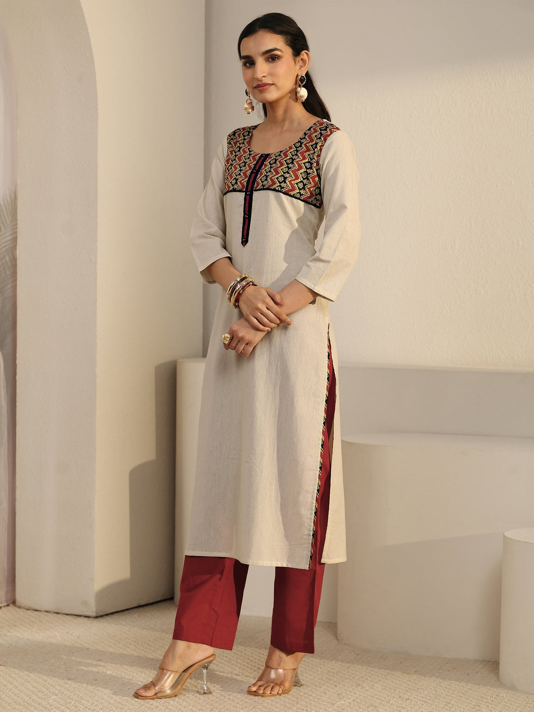  Libas Off White Chevron Cotton Blend Straight Suit Set 