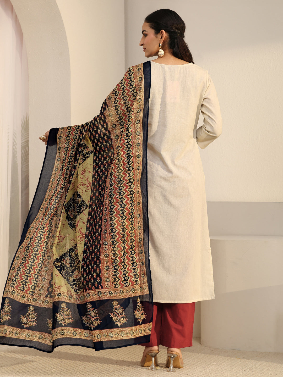  Libas Off White Chevron Cotton Blend Straight Suit Set 