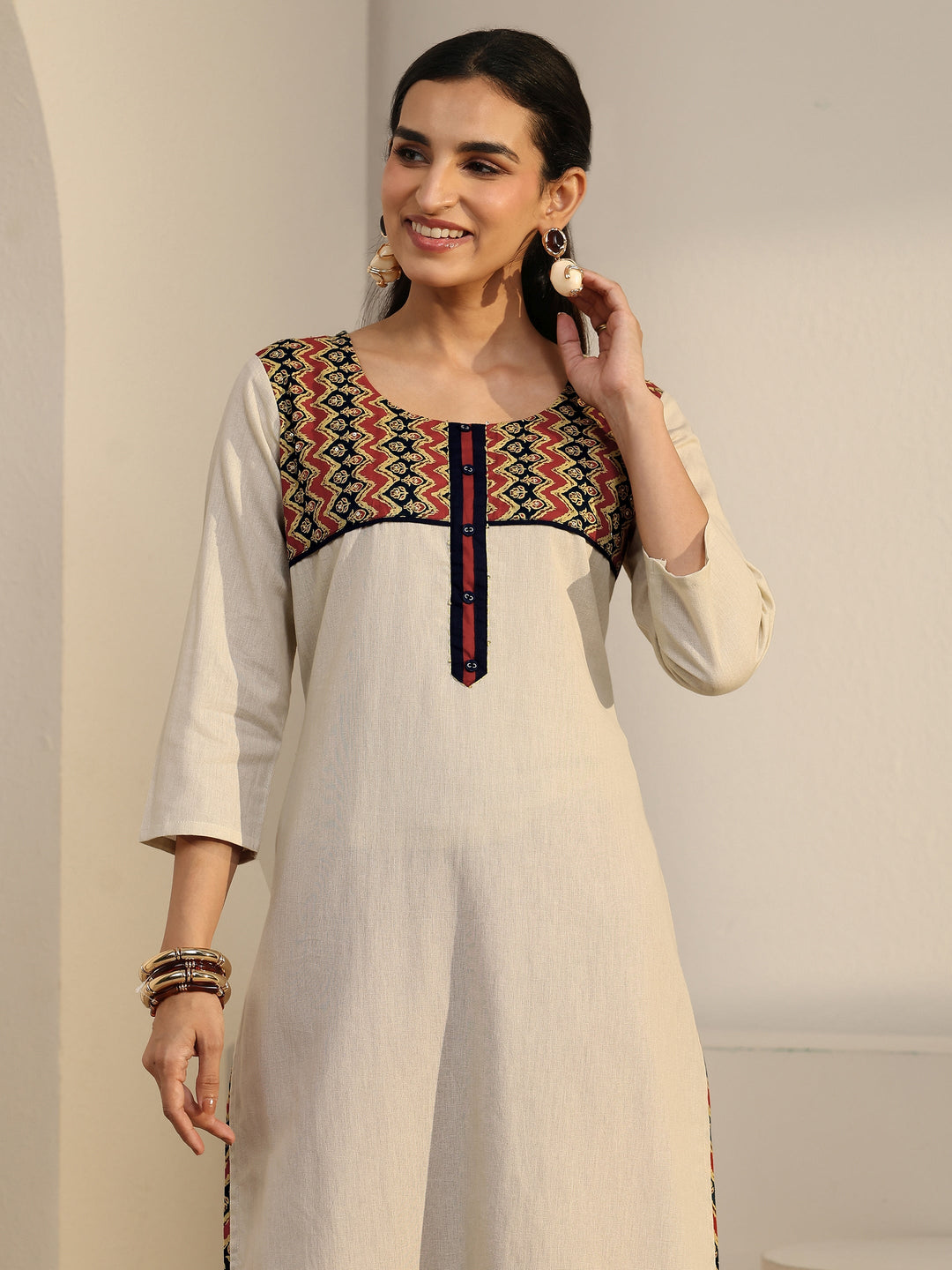  Libas Off White Chevron Cotton Blend Straight Suit Set 