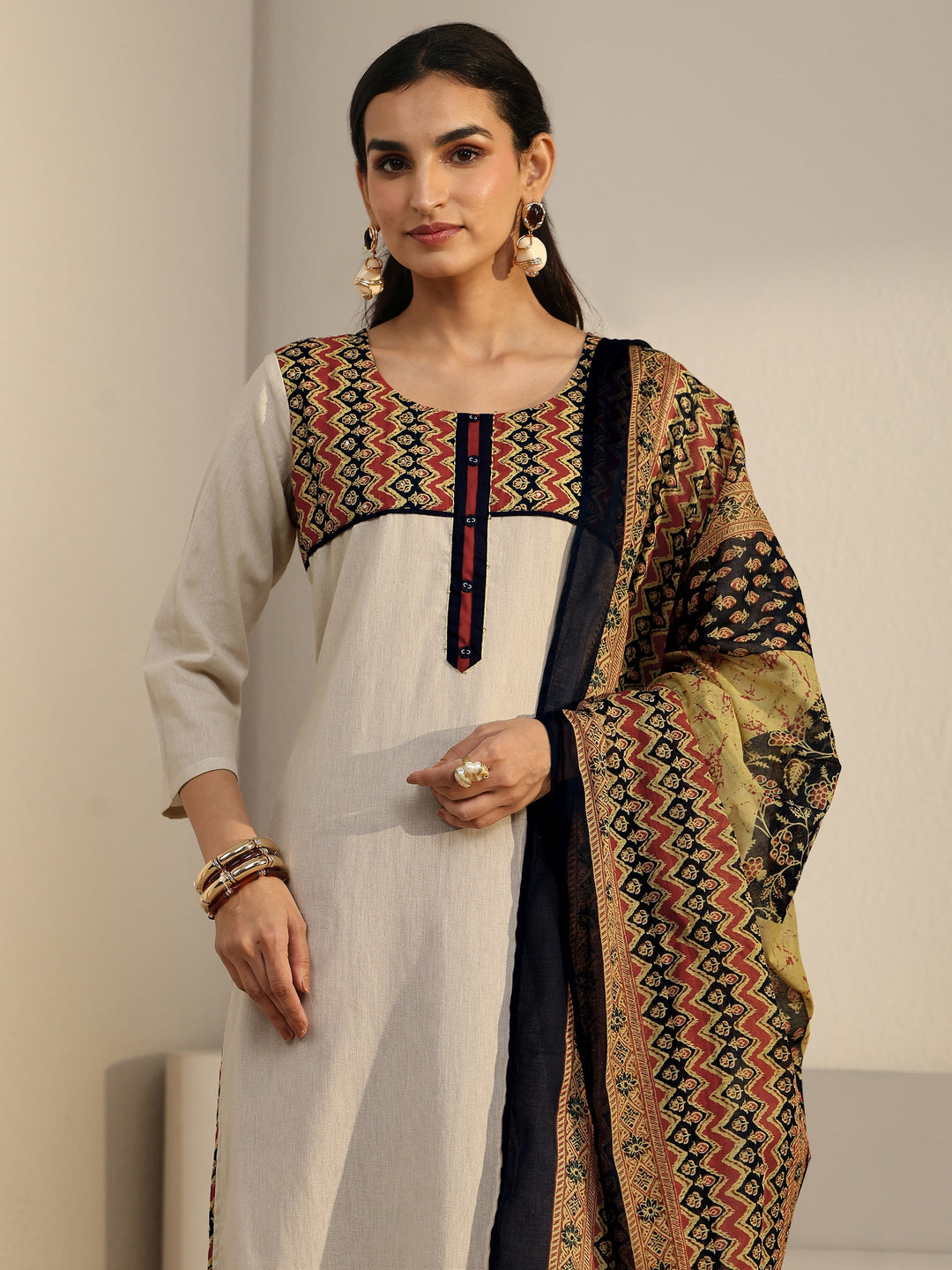  Libas Off White Chevron Cotton Blend Straight Suit Set 