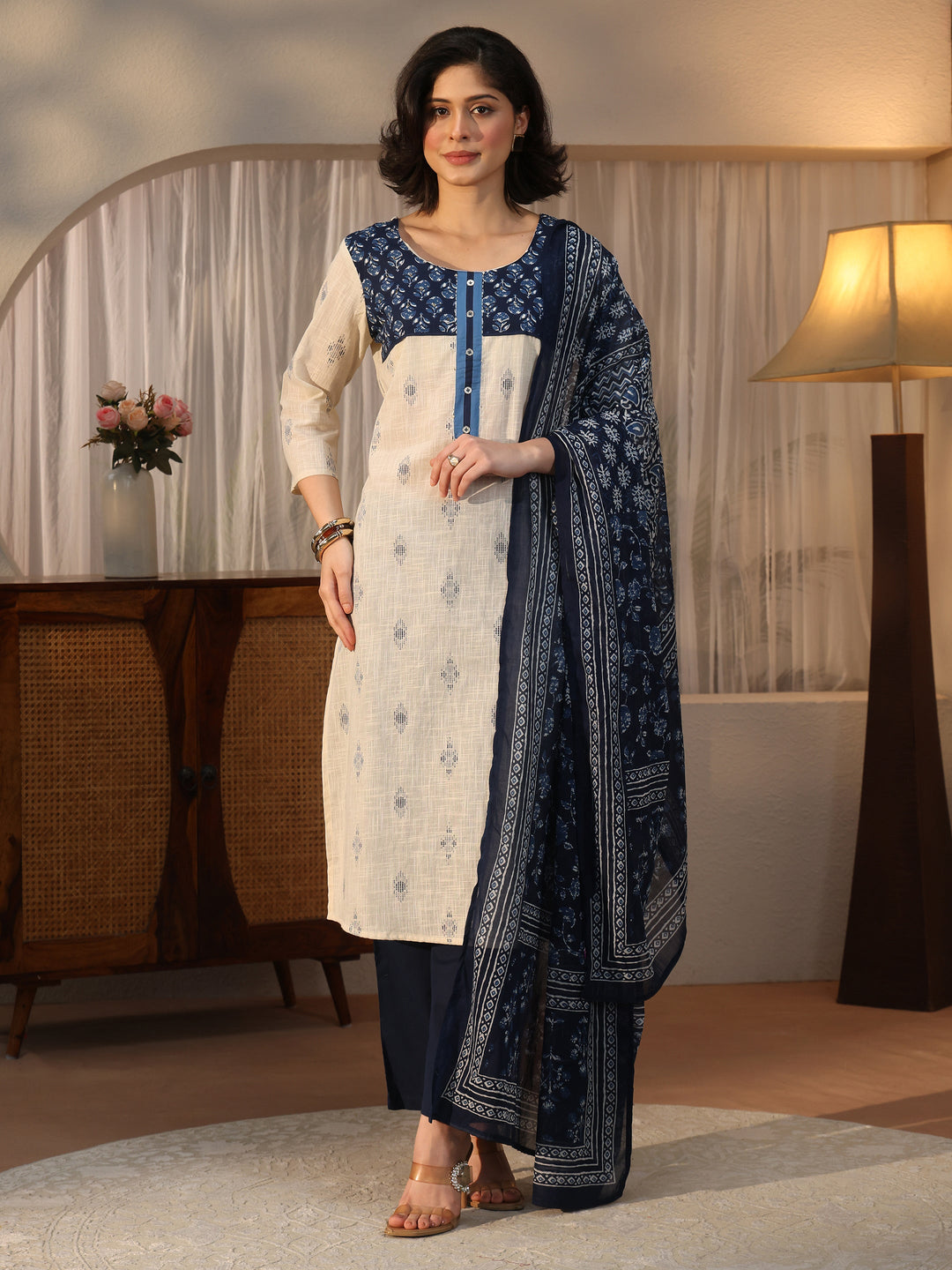  Libas Off White Ethnic Printed Cotton Blend Straight Suit Set 
