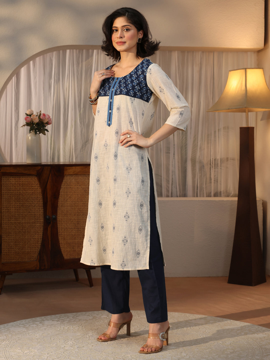  Libas Off White Ethnic Printed Cotton Blend Straight Suit Set 