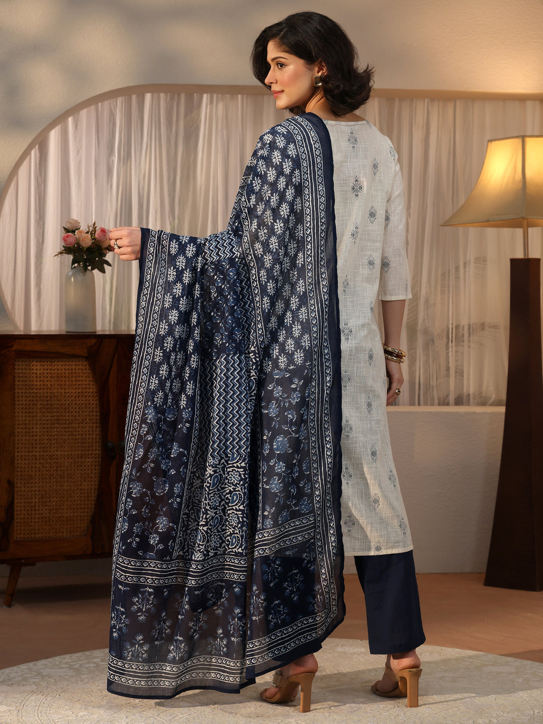  Libas Off White Ethnic Printed Cotton Blend Straight Suit Set 