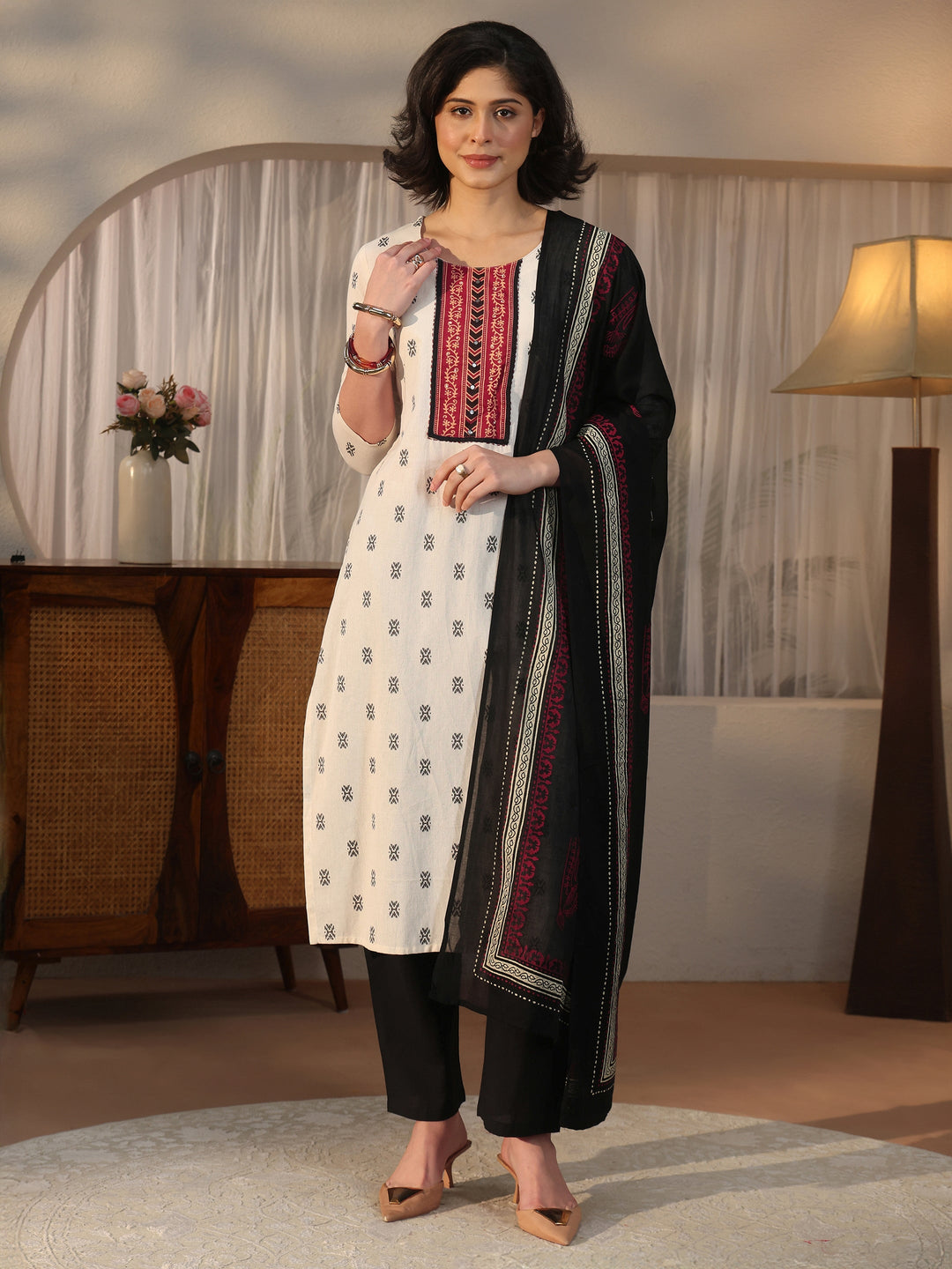  Libas Off White Woven Design Cotton Blend Straight Suit Set 